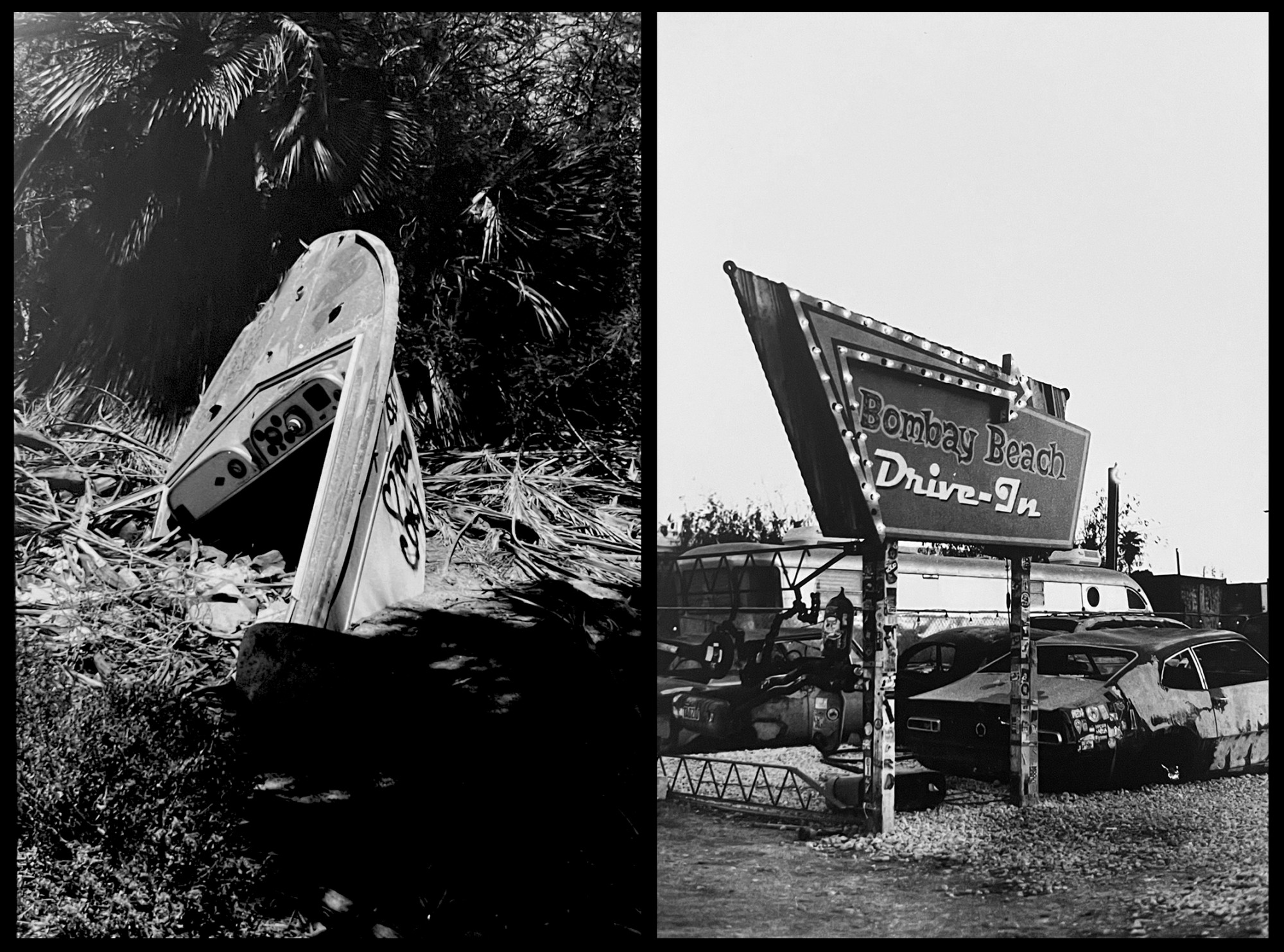Two photos, one depicting a wrecked boat the other an abandoned drive-in movie theater