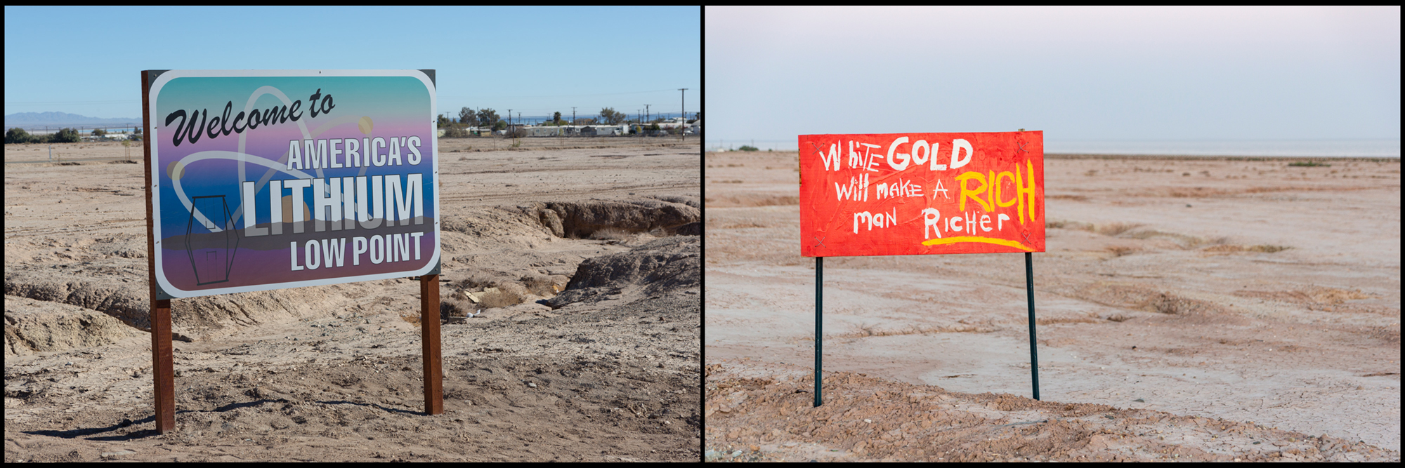 Twon signs photographed in the Salton Sea region side by side.