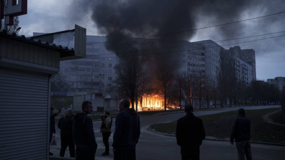 Building on fire in Ukraine